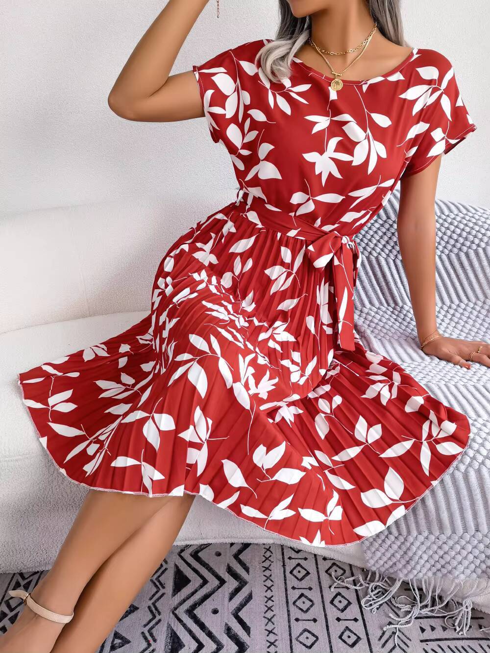 Casual O-neck Short Sleeve Dress Office Lady Spring Summer Fashion Elegant Floral Print Lace Up Pleated Dresses For Women 2023 dongdumaoyi