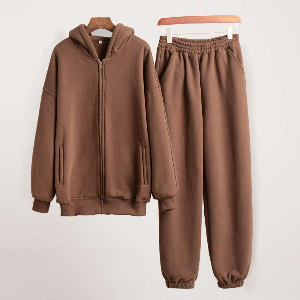 Autumn Winter New Women's Sports Casual Fleece Cardigan Sweatshirt Set B5