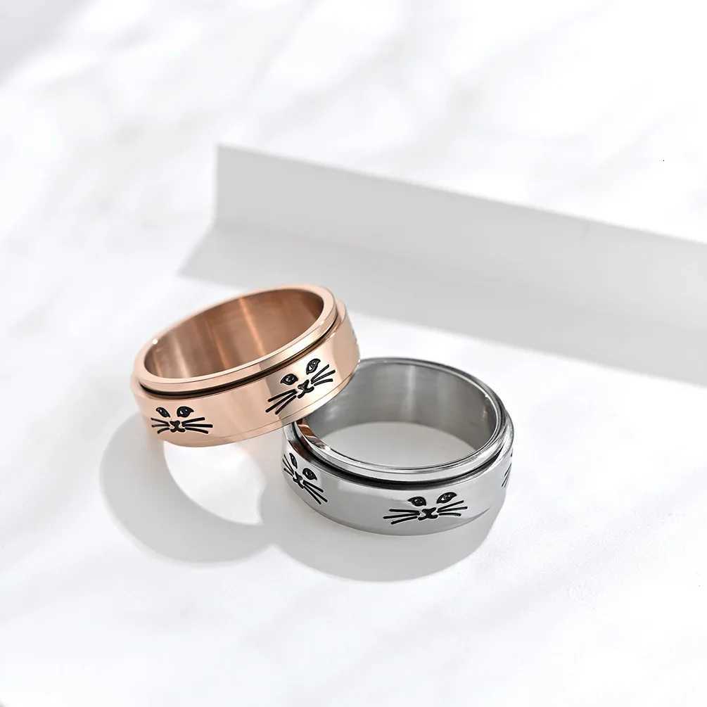 Hollow out cat Animal Stainless Steel Anti Stress Ring For Girl Anxiety Relief Spinning Knuckle Ring Fidget Metal Spinner Anillo S250716