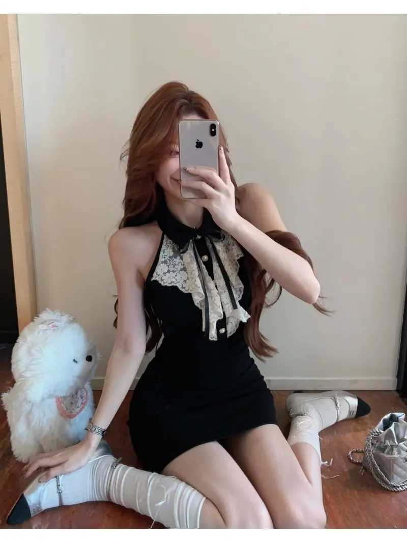 Kimotimo Hotsweet Y2k Dress Women Lace Splicing Bow Halter Waist Slim Fit Hip Mini Dresses Fashion Birthday Party Dress Summer R250716