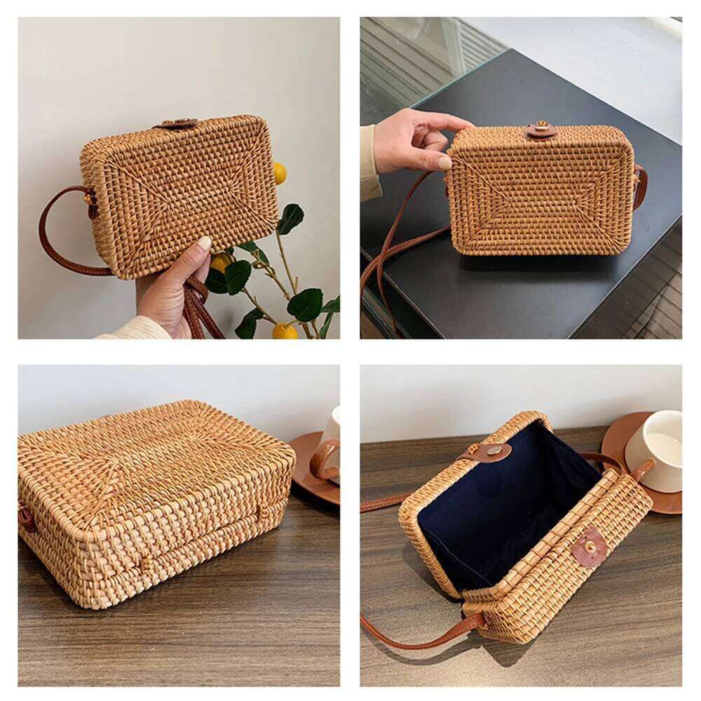 Handwoven Crossbody Bag Adjustable Strap Rattan Women Handbags Large-Capacity Portable Durable Storage For Ladies Shopping Trip