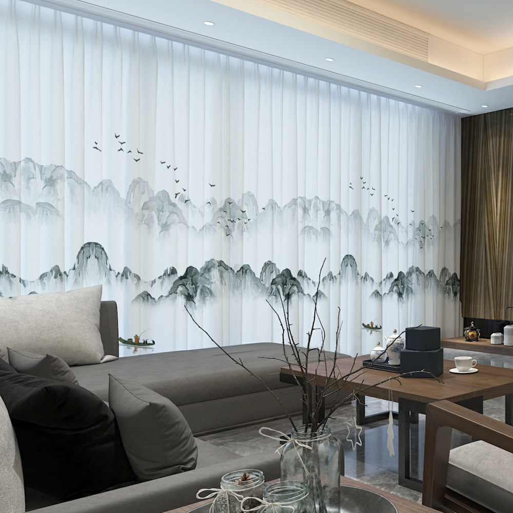 YL-36601 New Chinese style gauze curtain ink landscape painting curtain Chinese style 2025 new living room partition curtain light-transmitting