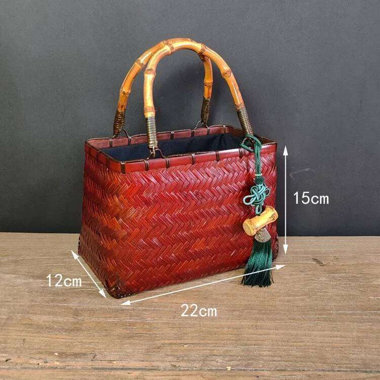 SUNNY BEACH Square Chinese Traditional Natural Bamboo Handle Rattan Bag Straw Women Summer Handmade Woven Bohemia Tote Handbag