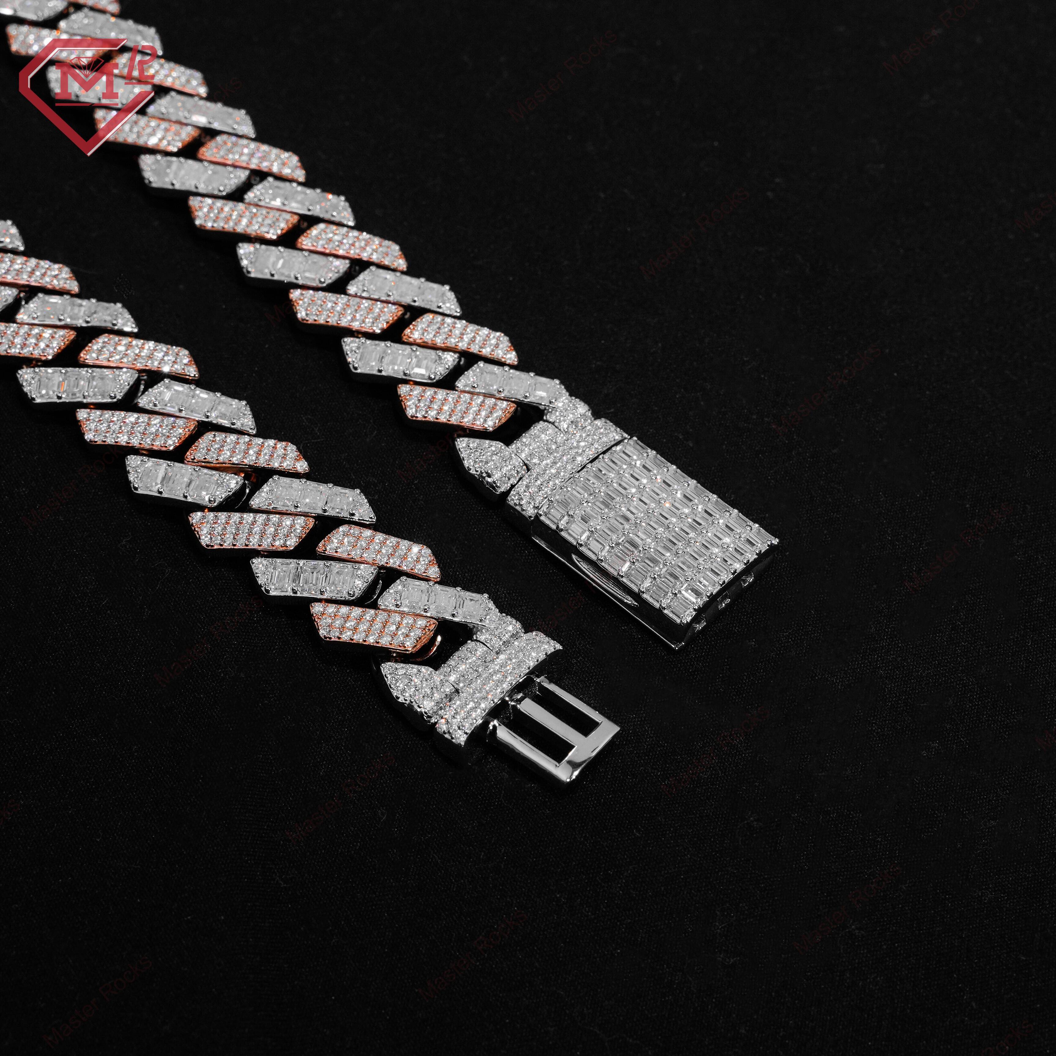 Two Tone Cuban Chain Necklace Round Brilliant Cut Baguette Cut Hiphop Custom Moissanite Pendant
