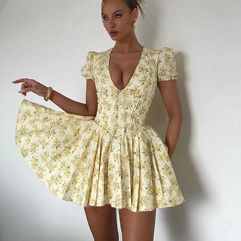 Candyhot Elegant Retro Print Y2K Casual Dress Summer Short Sleeve V-neck Evening Dress High Street Club Ruffled Aesthetic Dress R250716