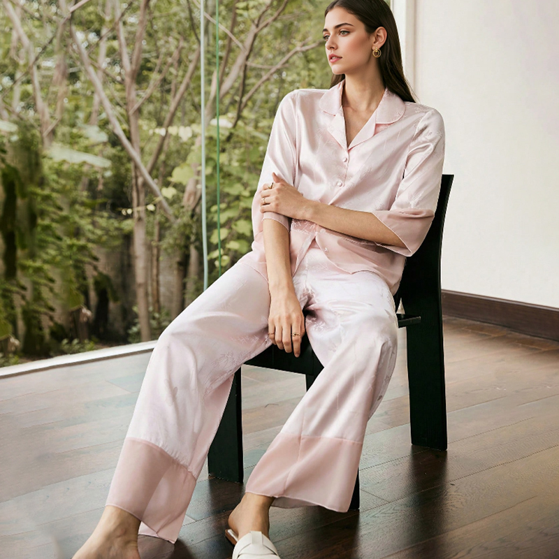2025 New Women's Spring/Summer Silk Satin Pink Bamboo Butterfly Short-Sleeved Long Pants Pajama Set Homewear