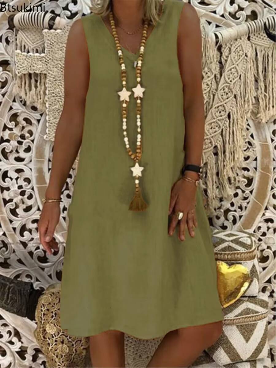 2025 Womens Summer Tank Solid Oversized Female Cotton Linen V Neck Sleeveless Beachwear Casual Dress Vestidos S-5XL dongdumaoyi