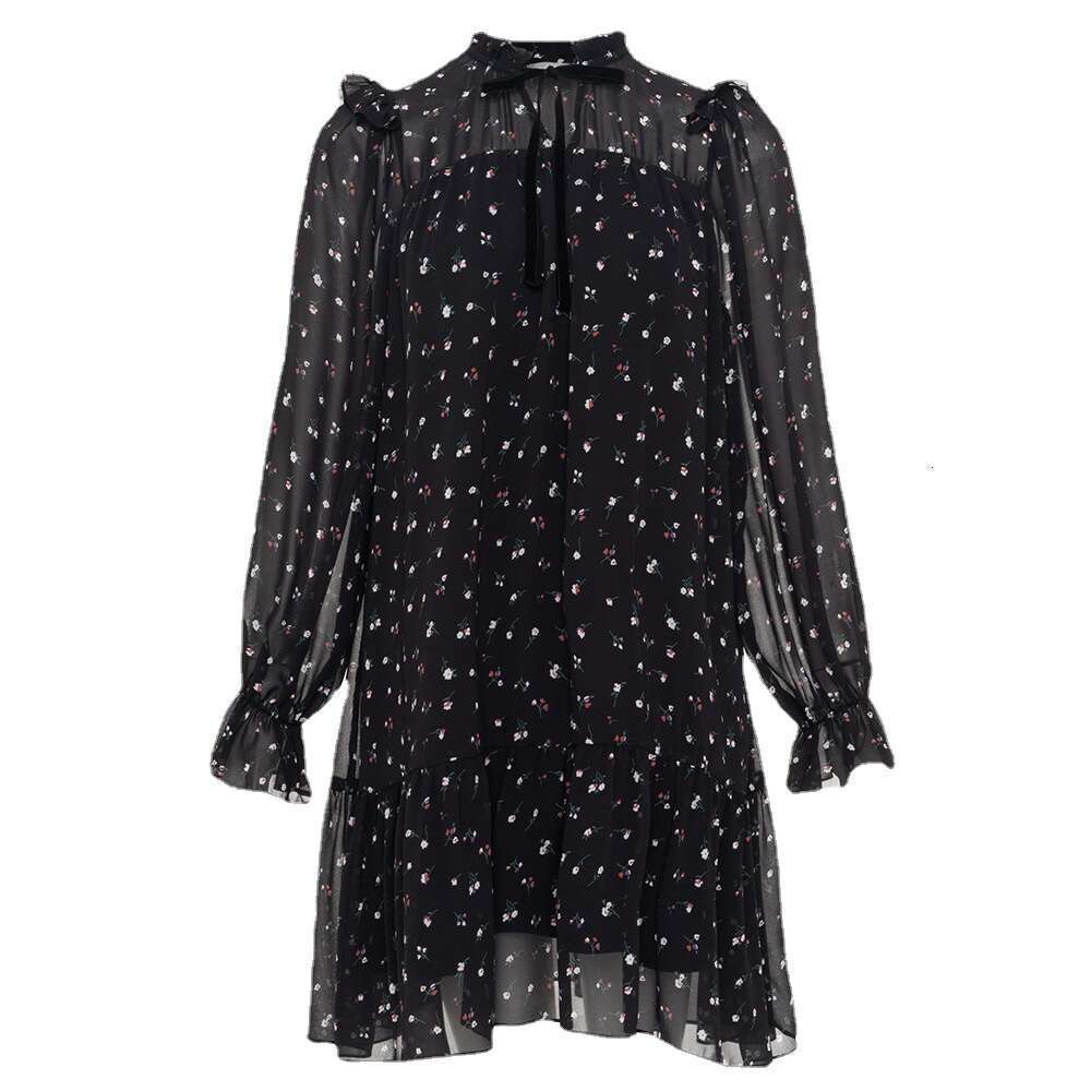 Floral For Women Ruffle Neck Tie Puff Sleeve Short Chiffon A-Line Dress B5