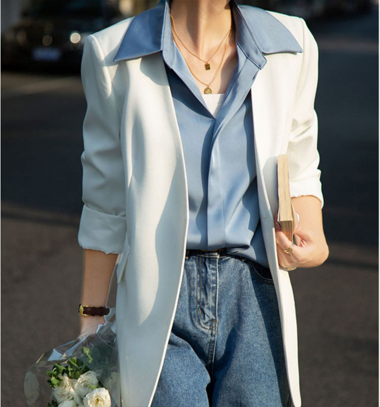 2025 Blue Silk Satin Shirt Women's Long Sleeve Spring and Autumn Imitation Acetic Acid Shirt French Style with a Hanging Feel