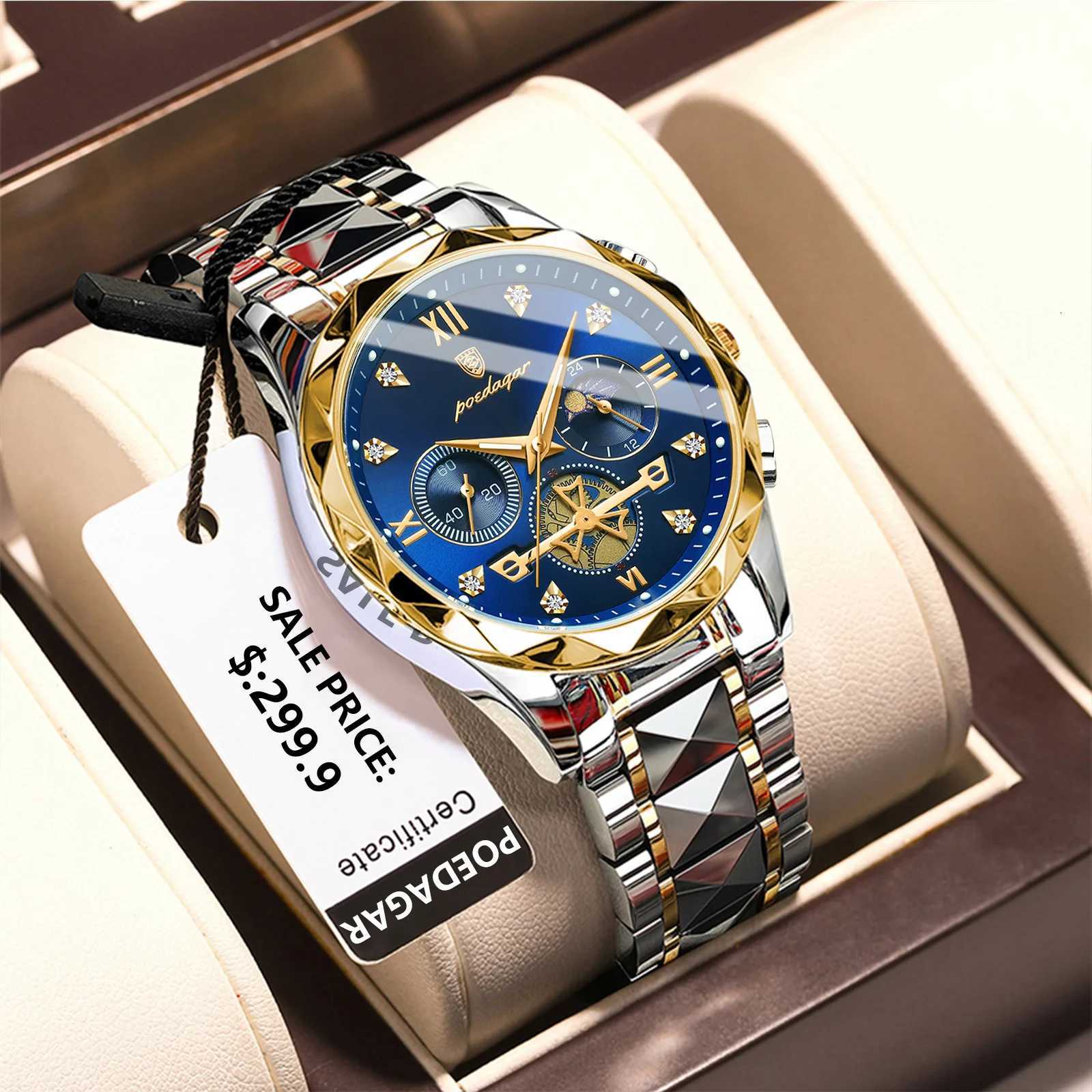 POEDAGAR Luxury Mens Wrist Chronograph Waterproof Luminous Mens Stainless Steel High Quality Sport Mens Quartz Watch Y250715