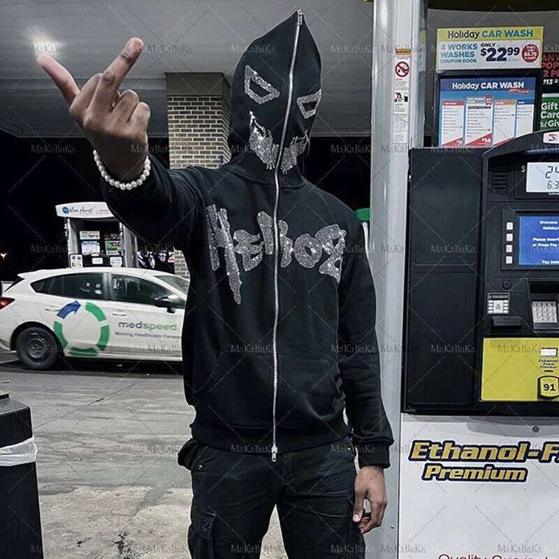 Designer Leisure High Quality Oversized Y2K Demon Rhinestone graphics zip Hooded Sweatshirt hoodies Haruku Goth hoodie Grunge Men's clothes emo