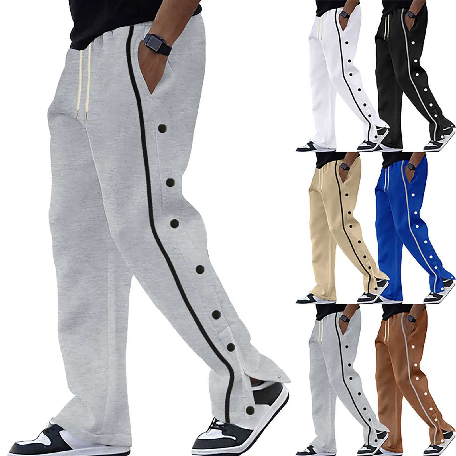 Mens Autumn High Street Casual Pants Side Stripe Fully Open Button Cotton Twill Trousers Gym Training Basketball Sweatpants y250716