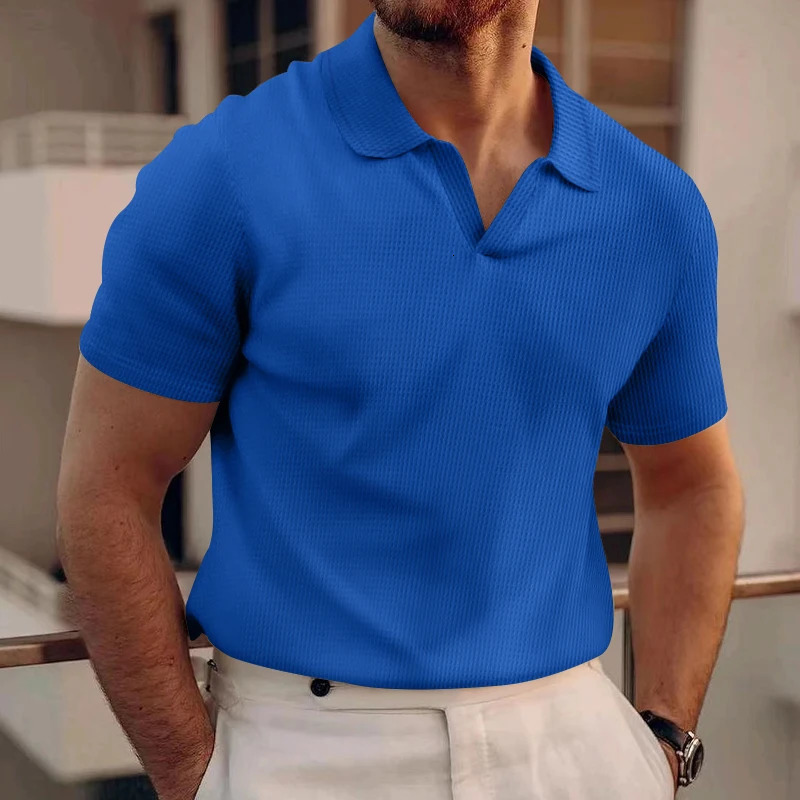 24 cross-border European and American summer polo shirt lapel V-neck waffle short sleeve mens T-shirt 250716