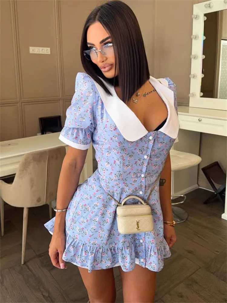 Tossy Printed Casual Lapel Mini Dress Womens Ruffled Slim Cardigan Commute Short Sleeve Contrast Dress Female Bodycon Dress New R250716