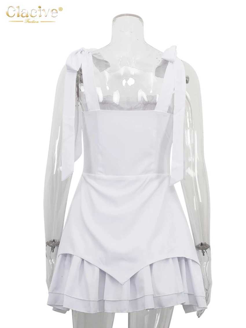 2024 Clacive Summer Slim White Womens Dress Fashion Strap Sleeveless Mini Dresses Elegant Classic Lace-Up Pleated Female Dress R250716