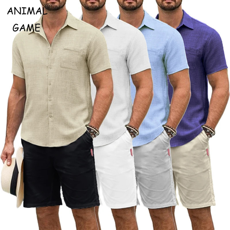 Summe Mens Short Sleeve T Shirts Cotton and pants Beach 2 Pieces Sets Button Down Shirts Suit Casual Tracksuit Vacation Clothes 250715