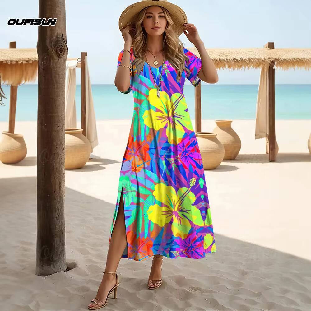 Summer Womens V-neck A-line Hawaiian Dresses Short Sleeve Long T-Shirt Floral Pattern Tropical Print 2025 New Clothing dongdumaoyi
