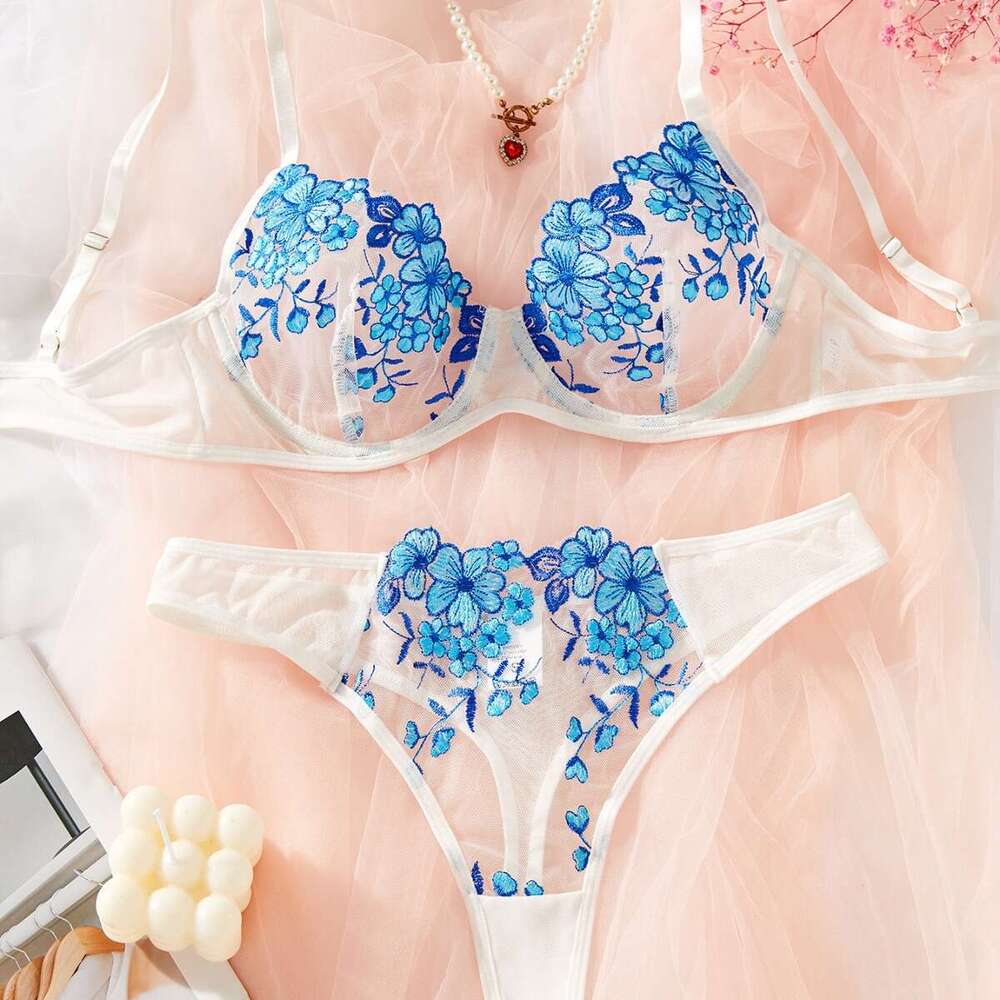 Blue Sexy Lingerie Set Lace Lingerie Sexy Underwear Sexy Women S Floral Embroidery Lingerie Bra Set