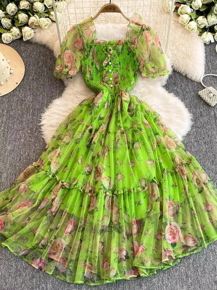 Summer Women Floral Mesh Midi Dress Sweet Square Collar Short Puff Sleeve Ruffle Vestidos Female Elegant Purple/Green/Red Robe dongdumaoyi