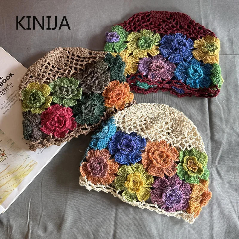 Baotou Cap Japanese Spring Literary Artistic Colorful Flower Hollow Bag Head Hat Women Sweet Fashion Hand-crocheted Beanie Cap 250715
