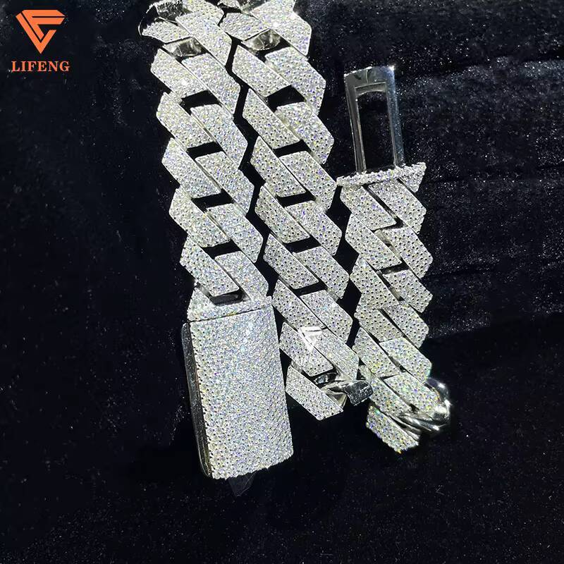 Lifeng Jewelry 15MM Honeycomb Set VVS1 Moissanite Necklace Solid Silver White Gold Plated Cuban Link Chain Bust Miami Chain