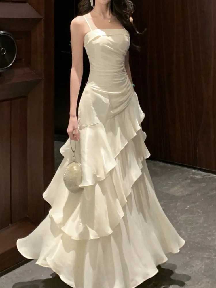 French Elegant Ruffles Sling Womens Mermaid Dresses Prom Gown Soild Zipper Tierred Shoulder Dress 2025 Summer Chic New Vestidos R250716