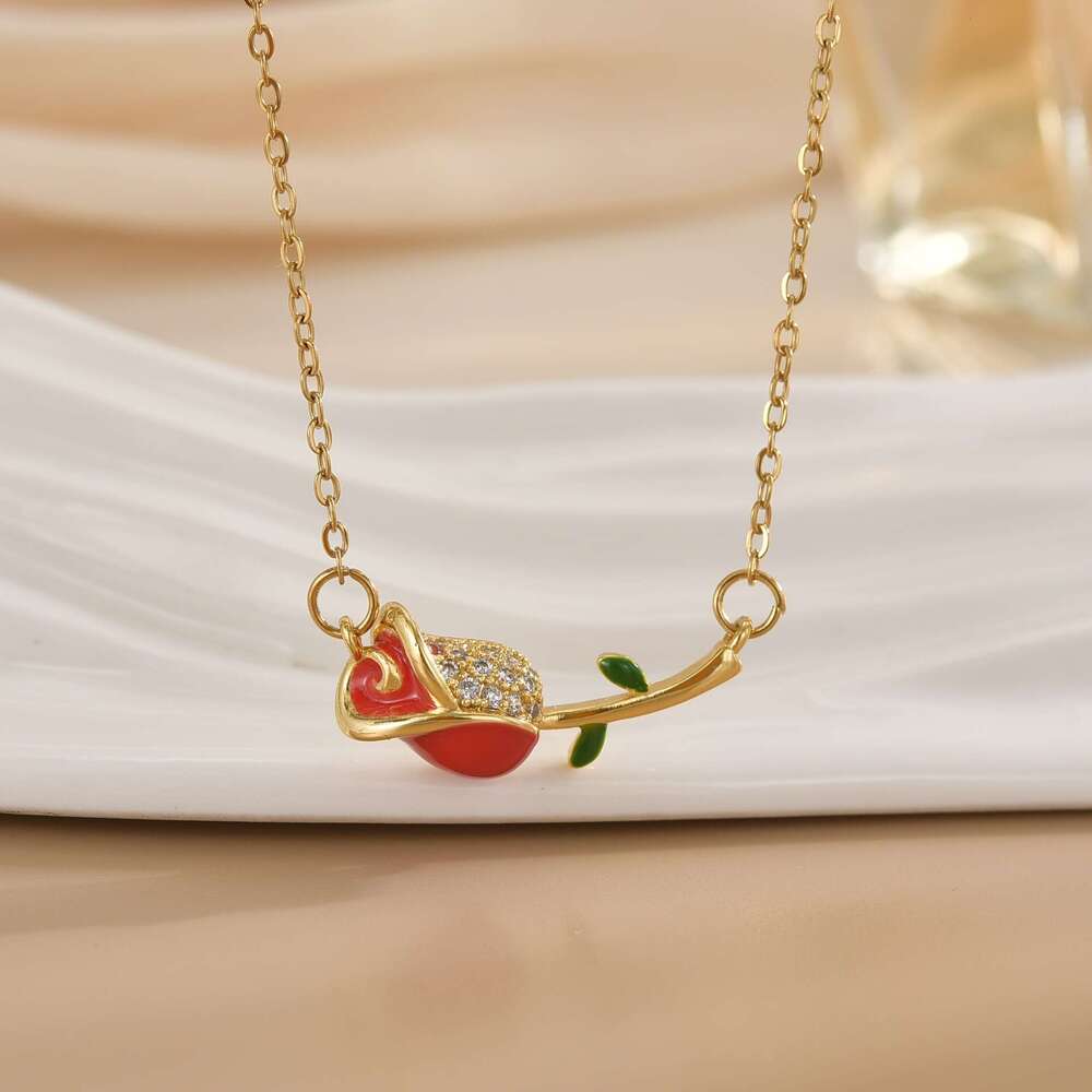 For Women Internet Celebrity Colorful Oil Drop Rose Flower Niche New Design Pendant Elegant Titanium Steel Necklace F59