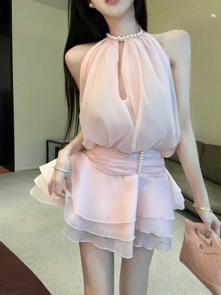 Ezgaga Mini Dresses Women Pearl Halter Sleeveless Bandage Slim Backless Hollow Out Sweet Elegant Party Dress Female Casual R250716