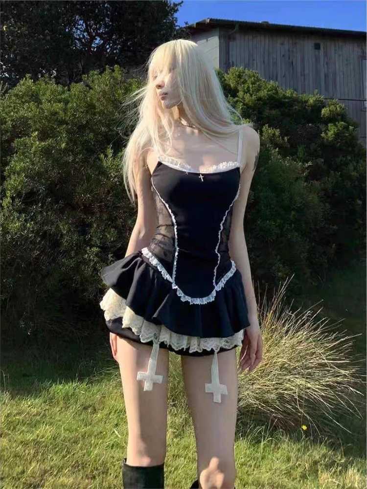 Summer Subculture Lace Patchwork Suit Women High Street Y2k Off-shoulder Tops Gothic Retro Short Thin Skirt Set Outfits R250716