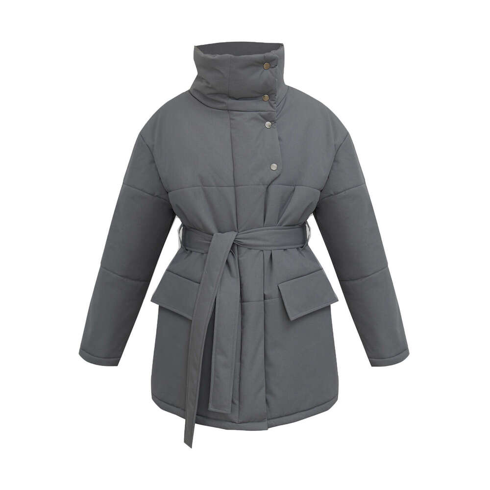 Stand Collar Autumn Winter New Style Elegant Belt Irregular Mid-Length Cotton Jacket B5
