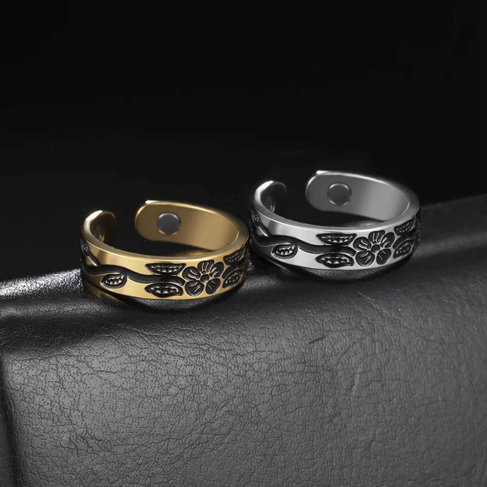 Teamer Magnetic Slimming Ring Adjustable Gold Plated Stainless Steel Rings for Men Women Flower Jewelry Valentines Day Gifts S250716