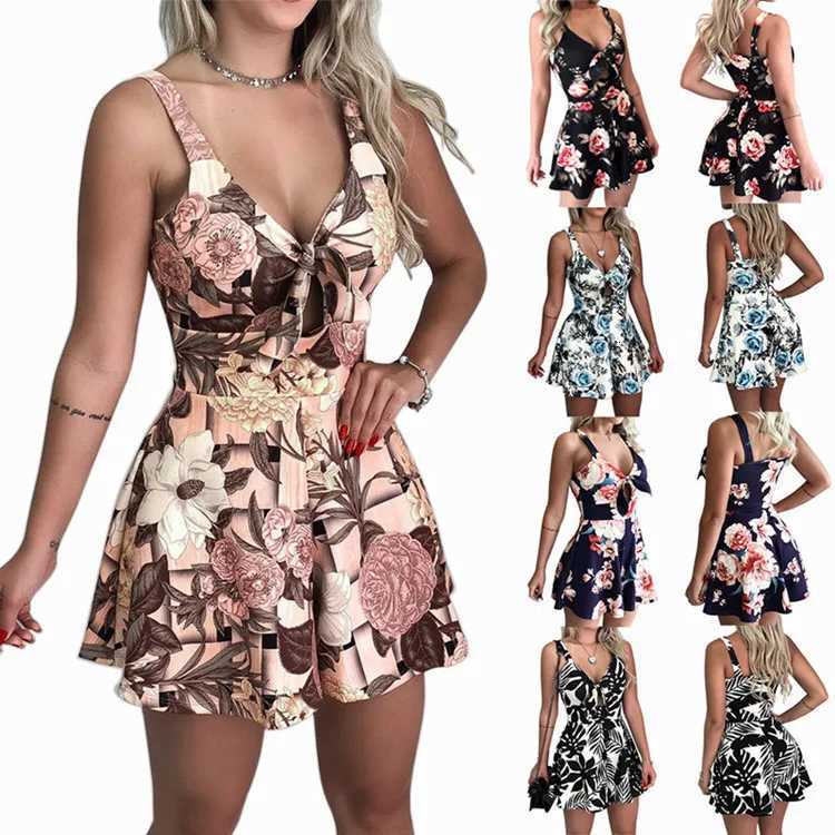 Sexy Spaghetti Strap Flower Print Jumpsuit Women Fashion Bowknot Lace-up Backless Slim Short Jumpsuits Female Trendy Streetwear R250716