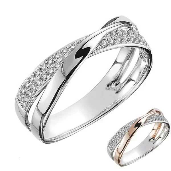 Classic Stainless Steel Two Tone X Shape Cross Ring for Women Wedding Trendy Jewelry Dazzling Zircon Wedding Rings Modern Rings S250716