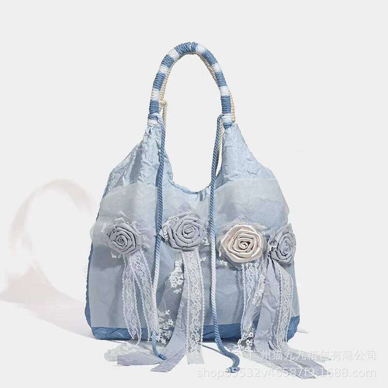 Vintage Pastoral Satin Tie-Dye Rose Early Summer Blue Pleated Fairy Tassel Lace Shoulder Bag