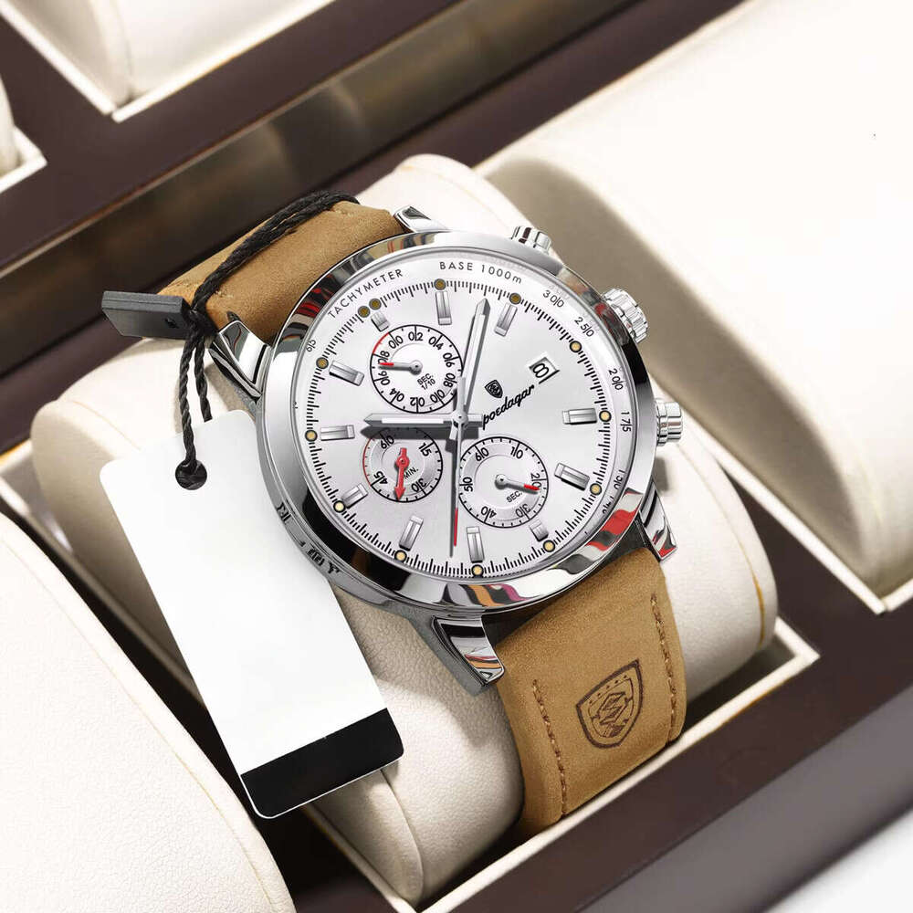 DHgargets Men's Sports Chronograph Watch - 50M Waterproof Leather Strap Quartz Wristwatch with Date & Tachymeter (Model 932)