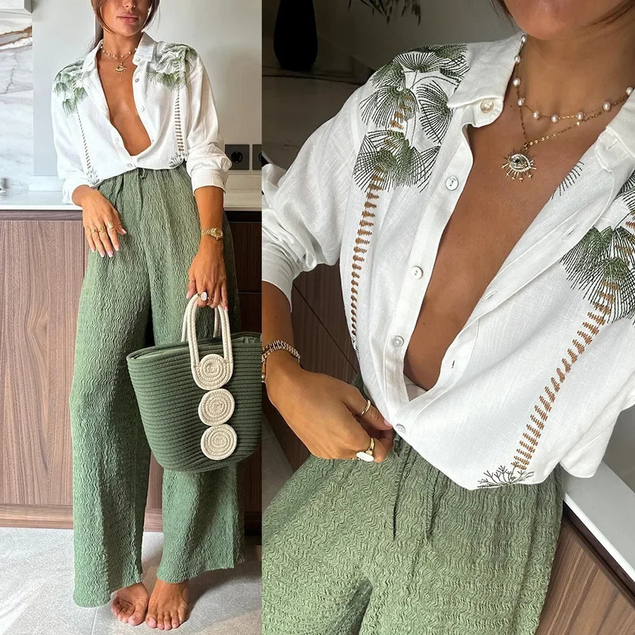 Women 2pcs Clothes Set Long Sleeve Floral Flower Single Breasted Shirt Top High Waist Wide Leg Pants 250715
