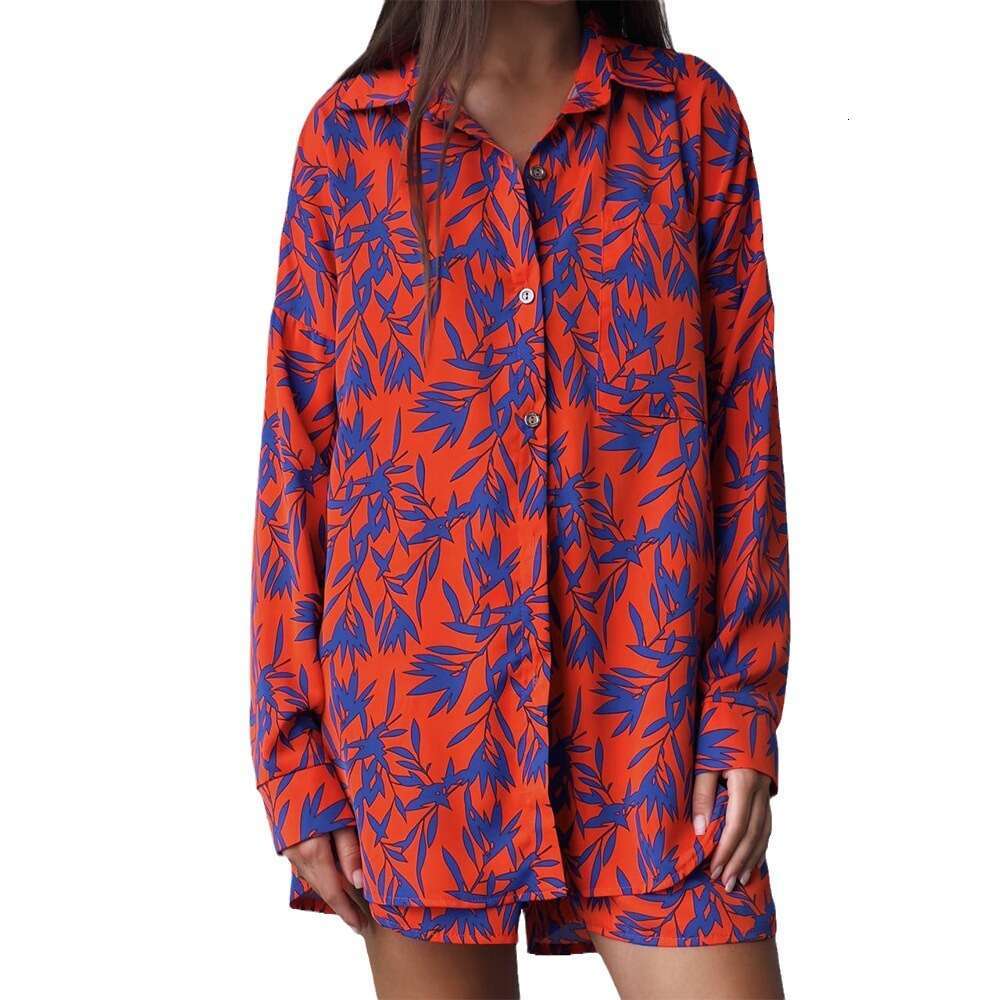 Summer Fashion Casual Orange Bamboo Leaf Printed Shirt Shorts Set B5