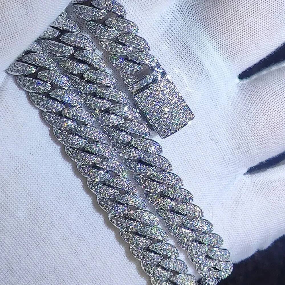 10mm Width Women Fine Jewelry Bling Iced Out 2 Rows VVS Moissanite Cuban Bracelet 925 Sterling Silver Cuban Link Chain