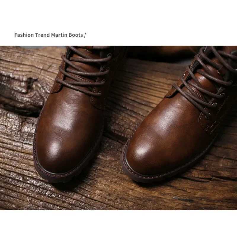 Leather Men Ankle Boots High Top Shoes Outdoor Work Casual Shoes Motorcycle Military Combat Boots Fashion Autumn Brown Men W250716