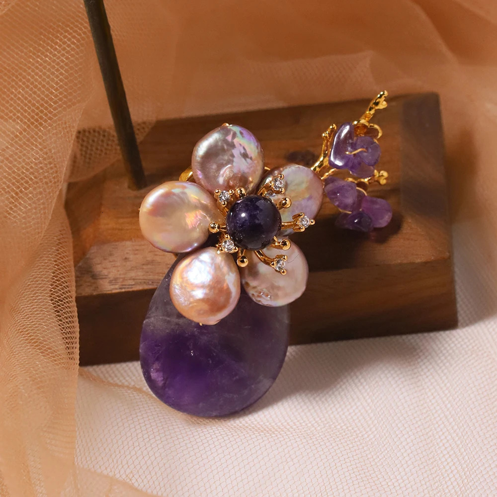 Natural Pearl Amethyst Baroque Flower Branch Brooch Korean Womens Jewelry Fashion Womens and Girls Gifts GO0580 250712