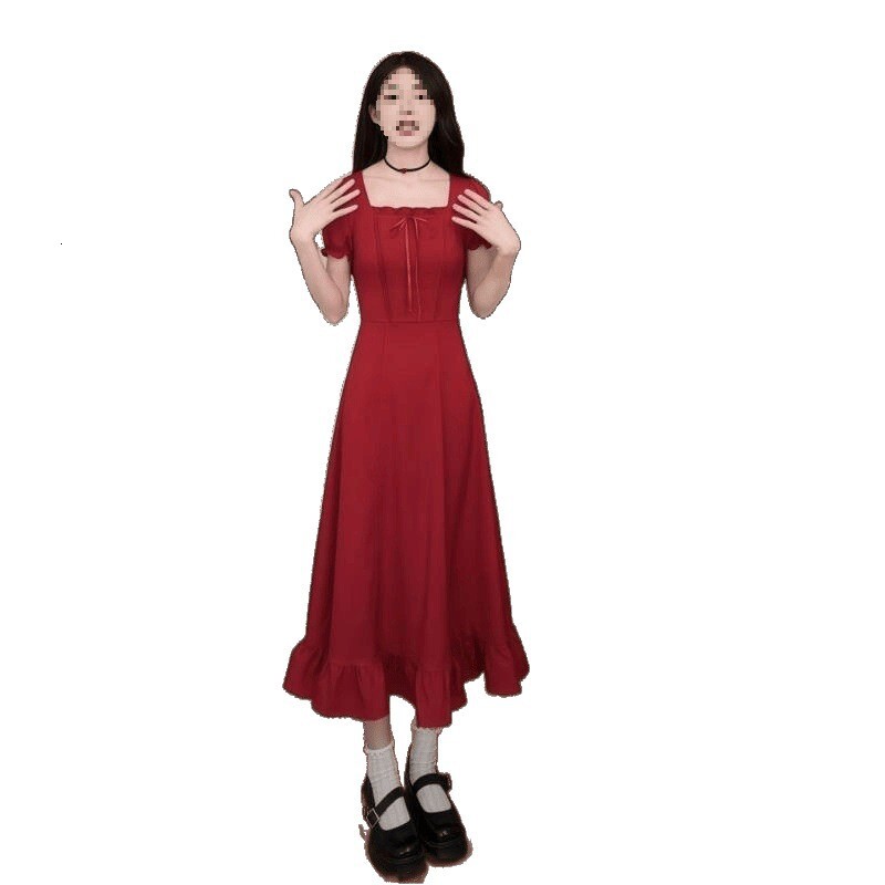 2025 One Dress Four Styles Short Sleeve Waist Slimming Ruffle Long Thin Black Tomato Red Commuting