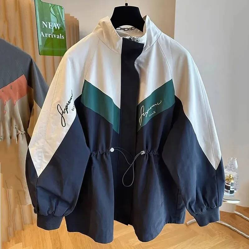 Fashion Contrast Color Women Jacket Casual Loose Zipper Single Breasted Drawstring Jackets 2025 New Streetwear Ladies Outerwear