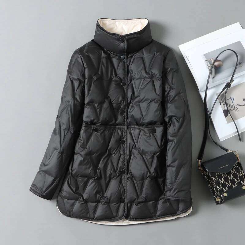 Lagabogy 2025 New Autumn Winter Women Ultralight White Duck Down Long Jacket Female Single-Breasted Double Sided Puffer Coat MDNG