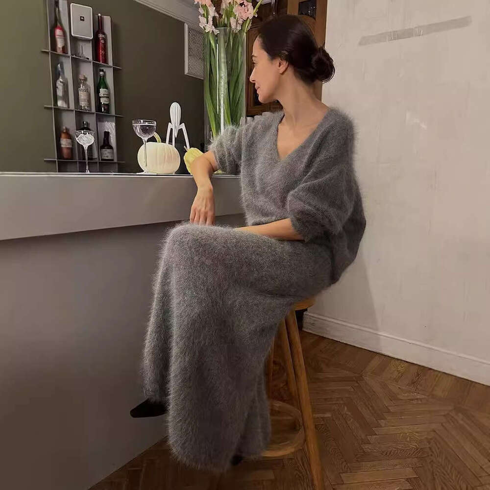 Faux Mink Knit Autumn Winter New Lazy V-Neck Sweater Fishtail Skirt Set B5