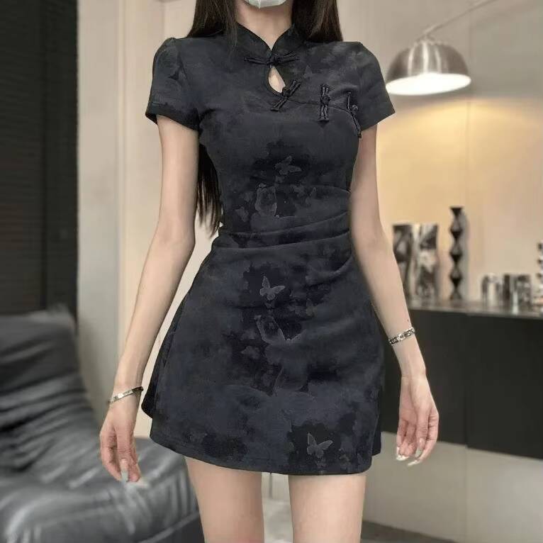 Summer New Chinese Style Women Butterfly Buckle Morden Short Sleeve Cheongsam Pleated Slim Design Dress Vestidos dongdumaoyi