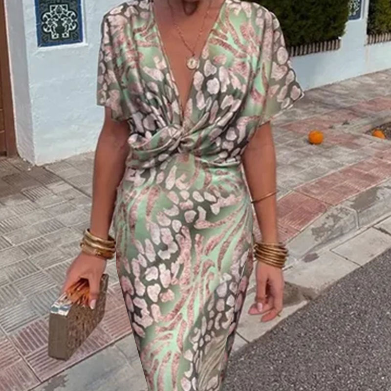 2025 European and American Foreign Trade Independent Station Women's Fashion Tight-Fitting Printed Twist Mid-Waist Sexy V-Neck Spring Dress