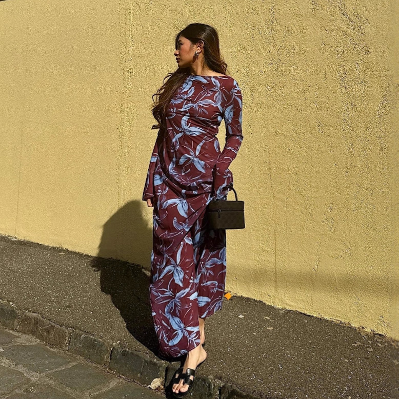 2025 Cross-Border European and American Women's Fashion New Round Neck Elegant Printed Long Floor-Length Slim Dress for Women