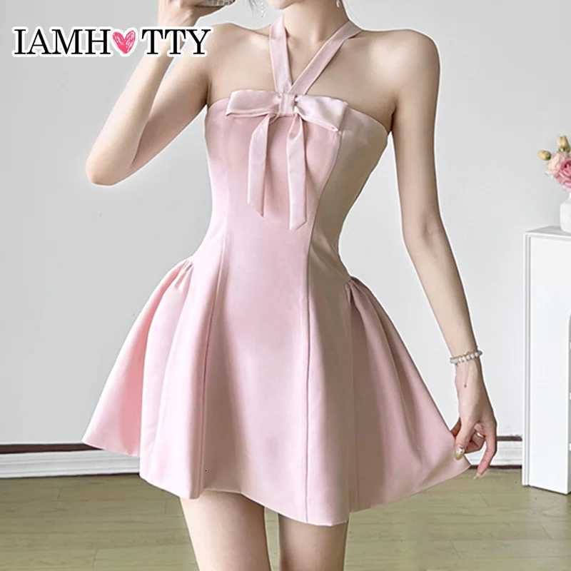 1M Hot Bow Halter-Neck A-Line Dress Pink Coquette Aesthetic Puffy Mini Dresses for Party Evening Holiday Outfits Sexy Robe New R250716