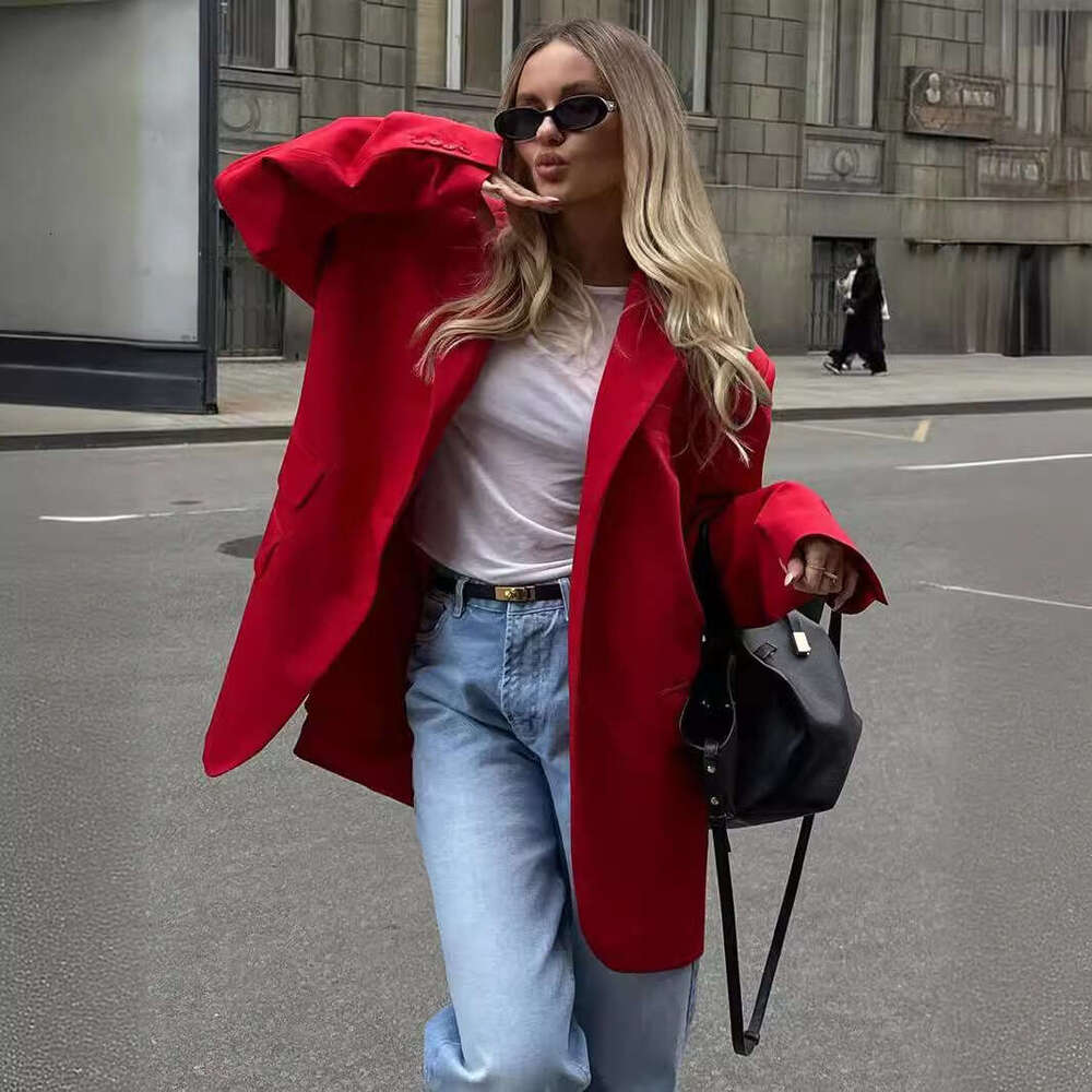 Summer New Style Elegant Padded Shoulder Loose Turn-Down Collar Pocket Red Blazer Jacket B5