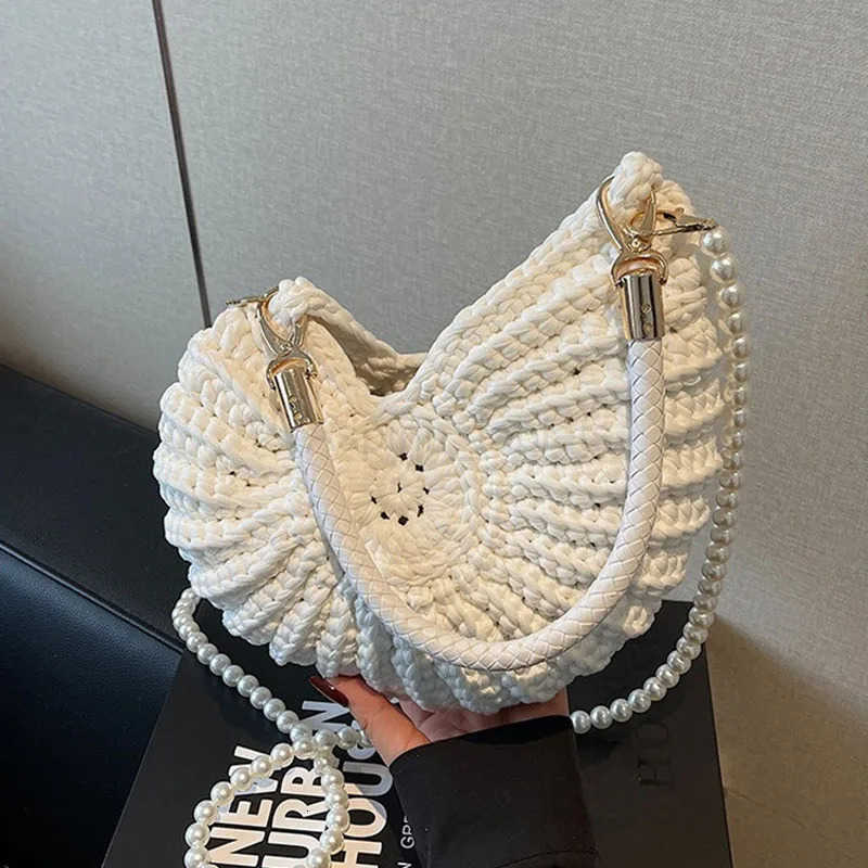 Summer Ocean Conch Shell Crochet Bags Handwoven Pearl Accent Shoulder Bag Cute Small Beachy Purse Womens Boho Crossbody Handbag M250716